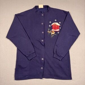 Vintage Pleasant Shade Cardigan Sweatshirt Womens XL Navy Blue Christmas Bird XL